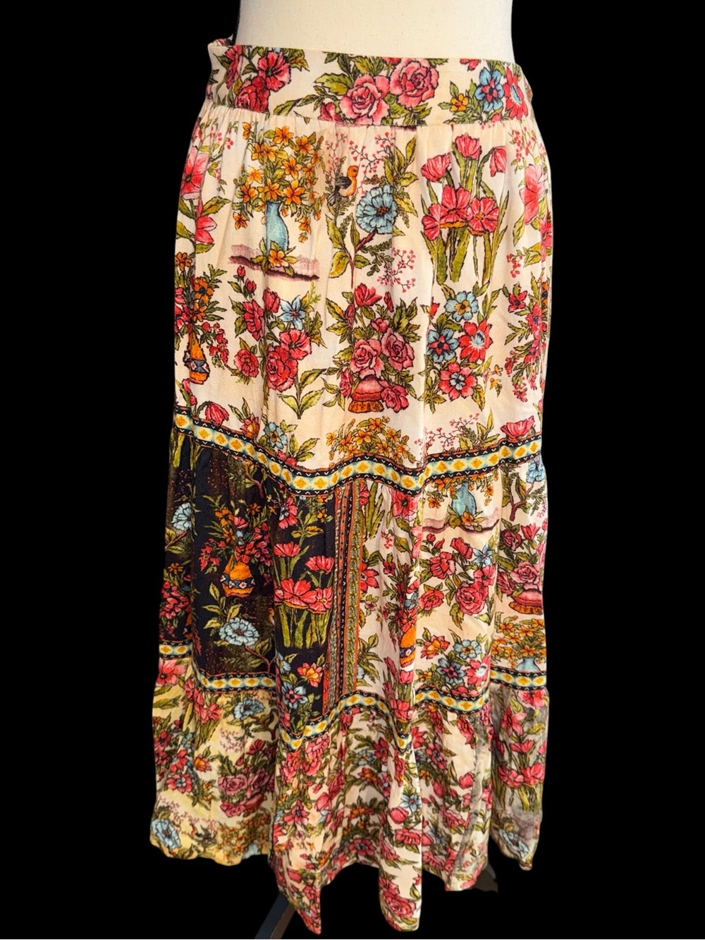 Woman’s Vineet Bahl Wildflower patchwork Tiered Midi Skirt small boho cottage
